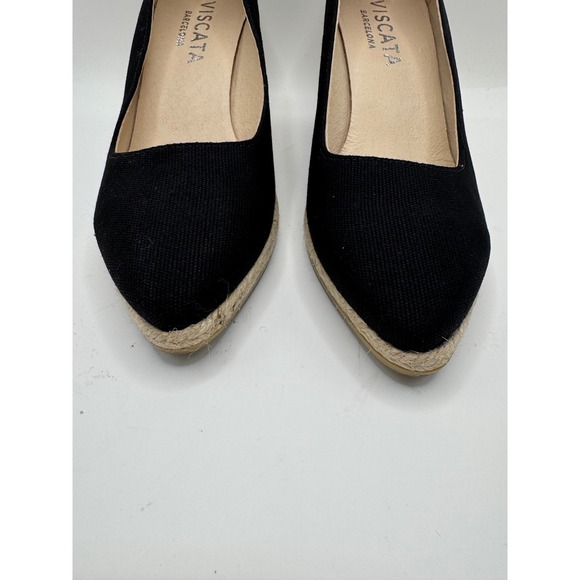 Viscata Shoes Women 9 Black Roses Canvas V Cut Espadrille Wedges Preppy Luxury - Picture 7 of 12
